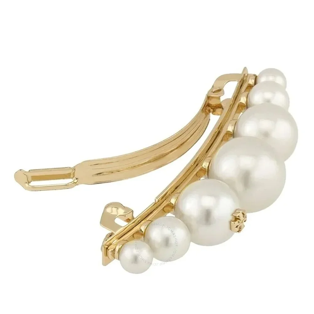Tory Burch Logo Pearl Hair Clip White OS